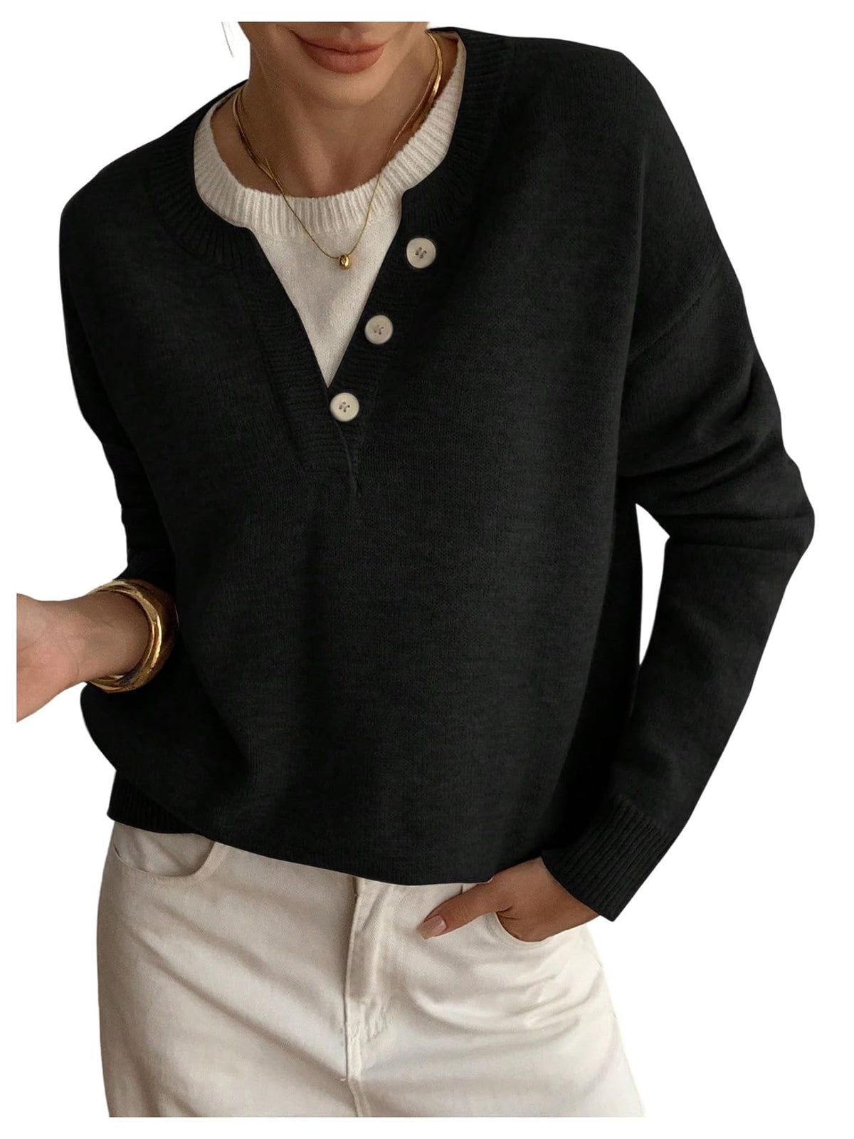 SOLY HUX Pullover Henley Sweaters for Women Long Sleeve Business Casual Top