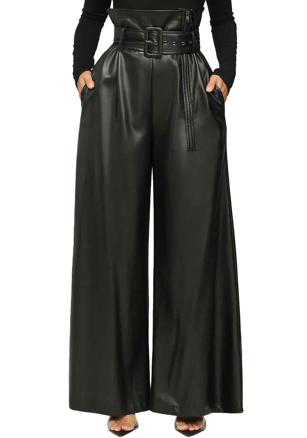 Tcremisa Leather Pants Women High Waisted Faux Leather Wide Leg Pant