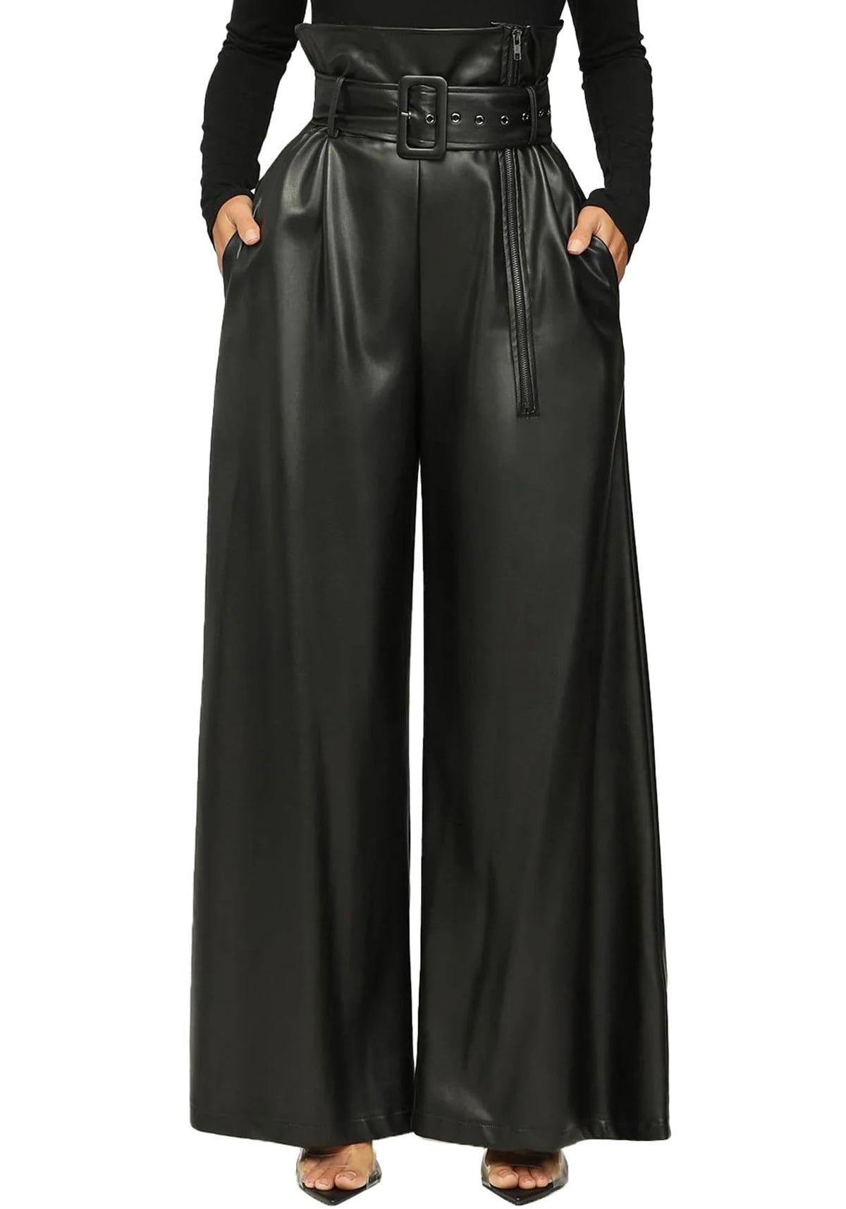 Tcremisa Leather Pants Women High Waisted Faux Leather Wide Leg Pant