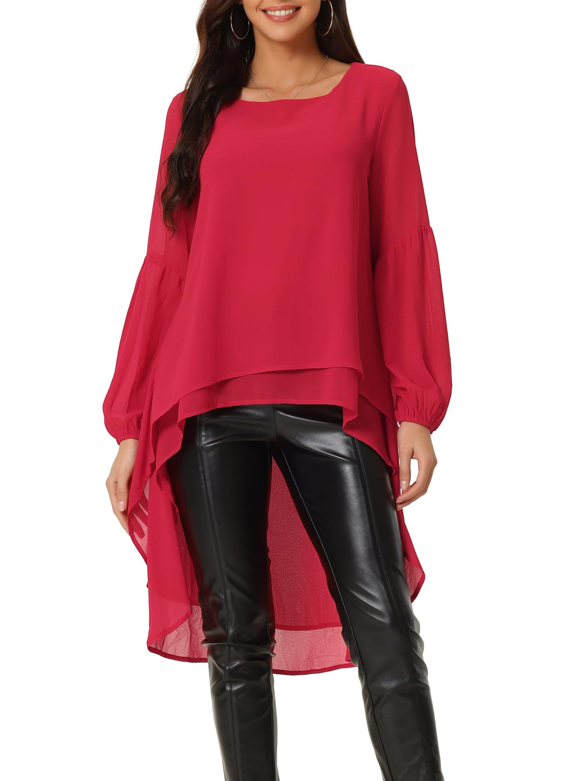Seta T Women's High Low Tops Lantern Sleeve Dressy Casual Chiffon Blouse