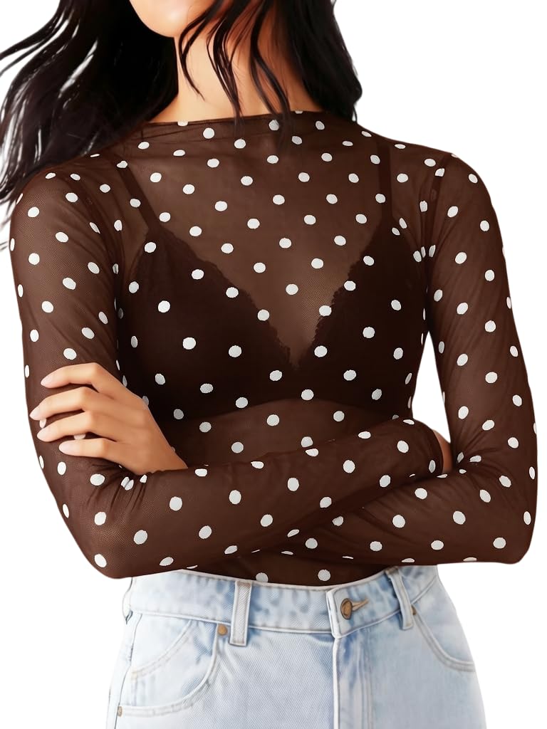 KMBANGI Women's Mesh Lace Long Sleeve Top Mock Neck Sheer Layering Tops