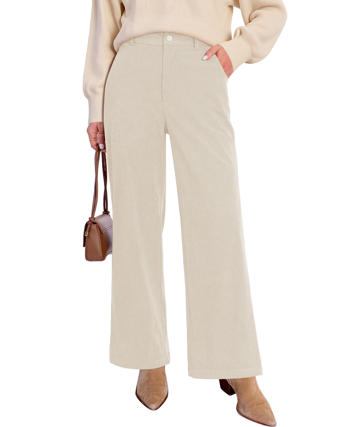 GRAPENT Corduroy Wide Leg Pants Woman High Waisted Fall Business Casual Elastic Waist Loose Trendy Trousers with Pockets