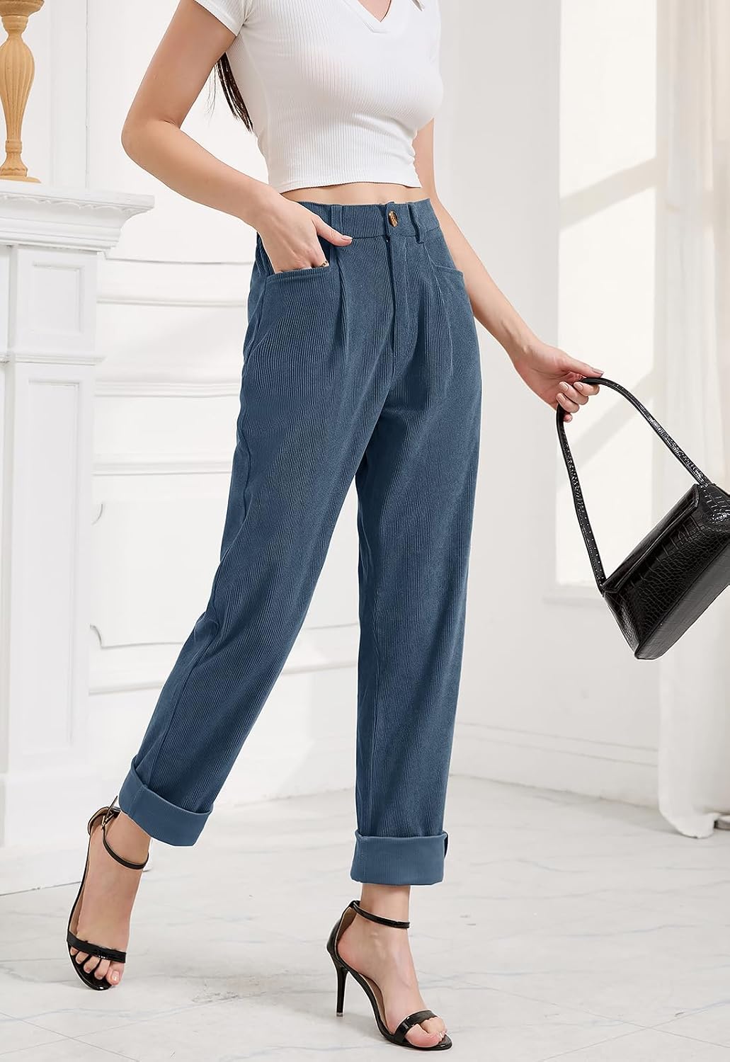 Rasutina Women Corduroy Pants Casual Fall Pants High Waisted Straight Leg Pants for Women Stretchy Work Trousers with Pockets
