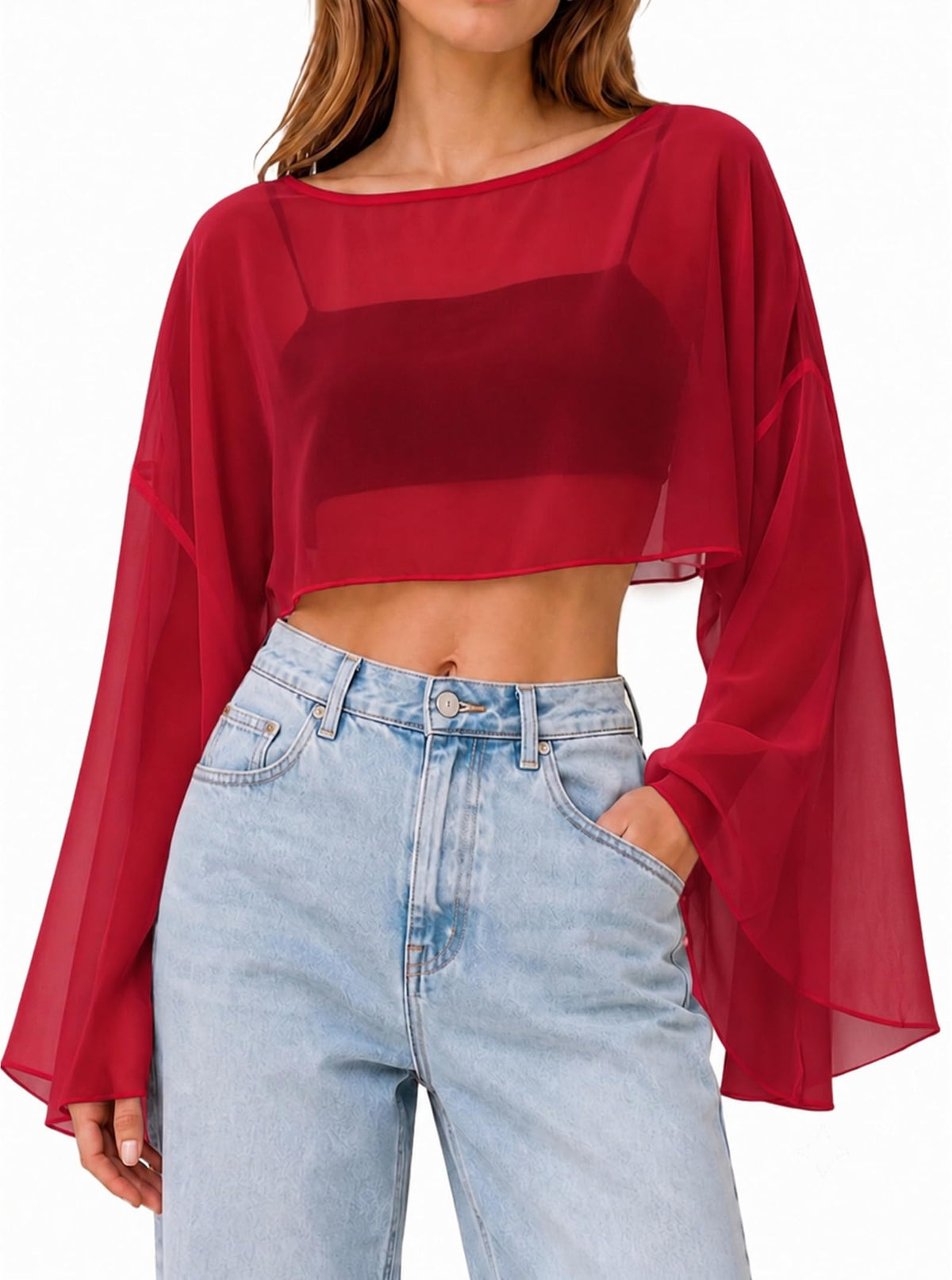 Avanova Women Boat Neck Sheer Mesh Crop Top Bell Long Sleeve Tops