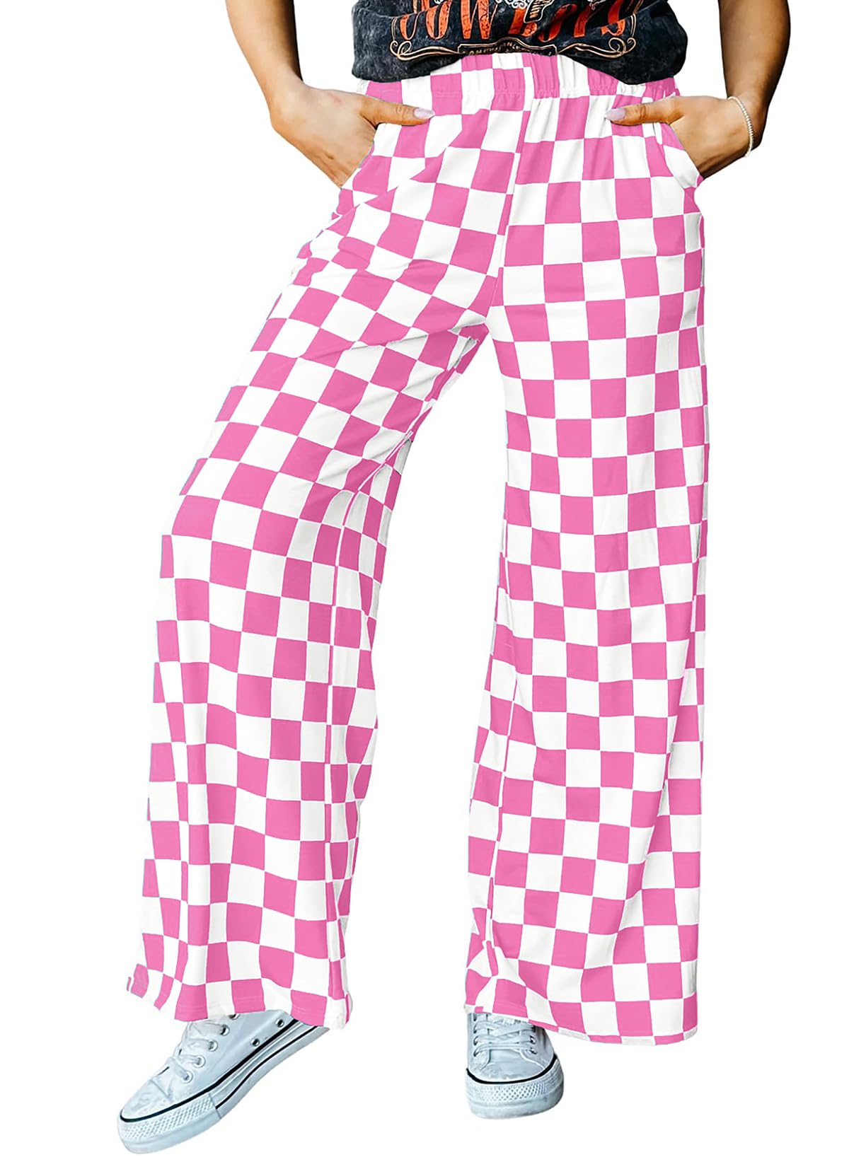 IWOLLENCE Women's Casual Loose Checkered Wide Leg Pants High Waist Straight Lounge Y2K Gingham Trousers
