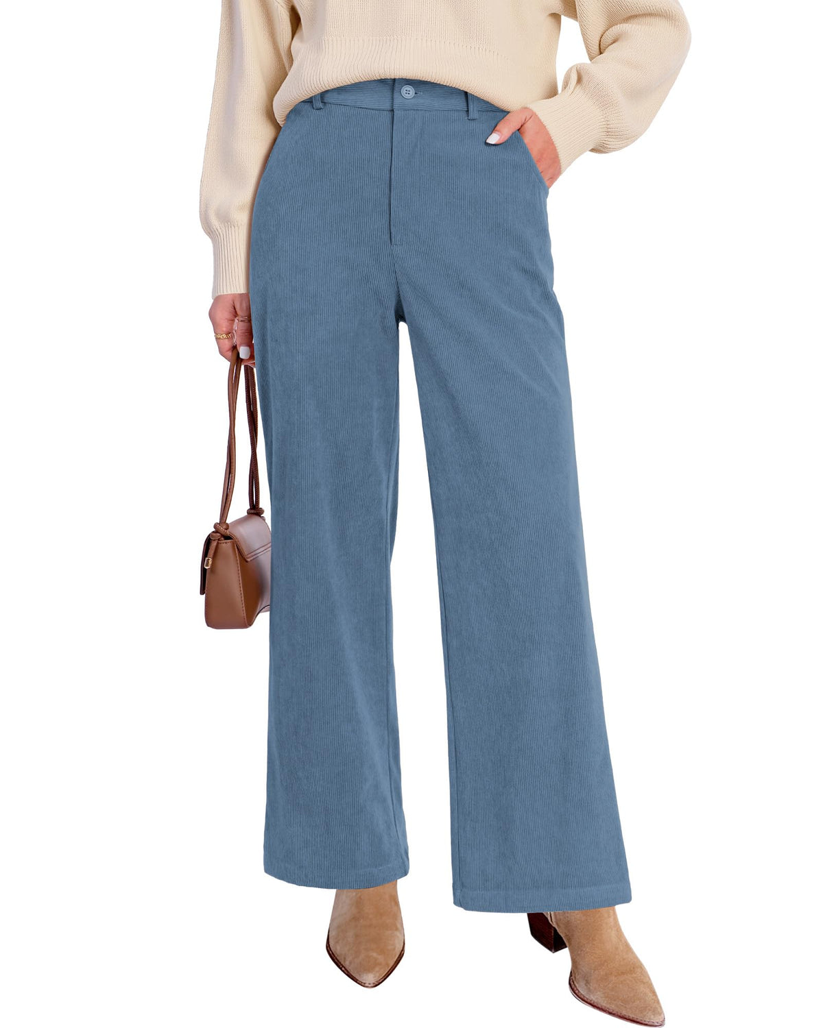 GRAPENT Corduroy Wide Leg Pants Woman High Waisted Fall Business Casual Elastic Waist Loose Trendy Trousers with Pockets