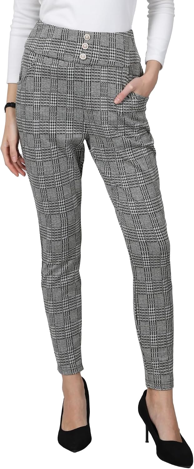 Hobemty Women Plaid Houndstooth High Waist Casual Work Skinny Pants