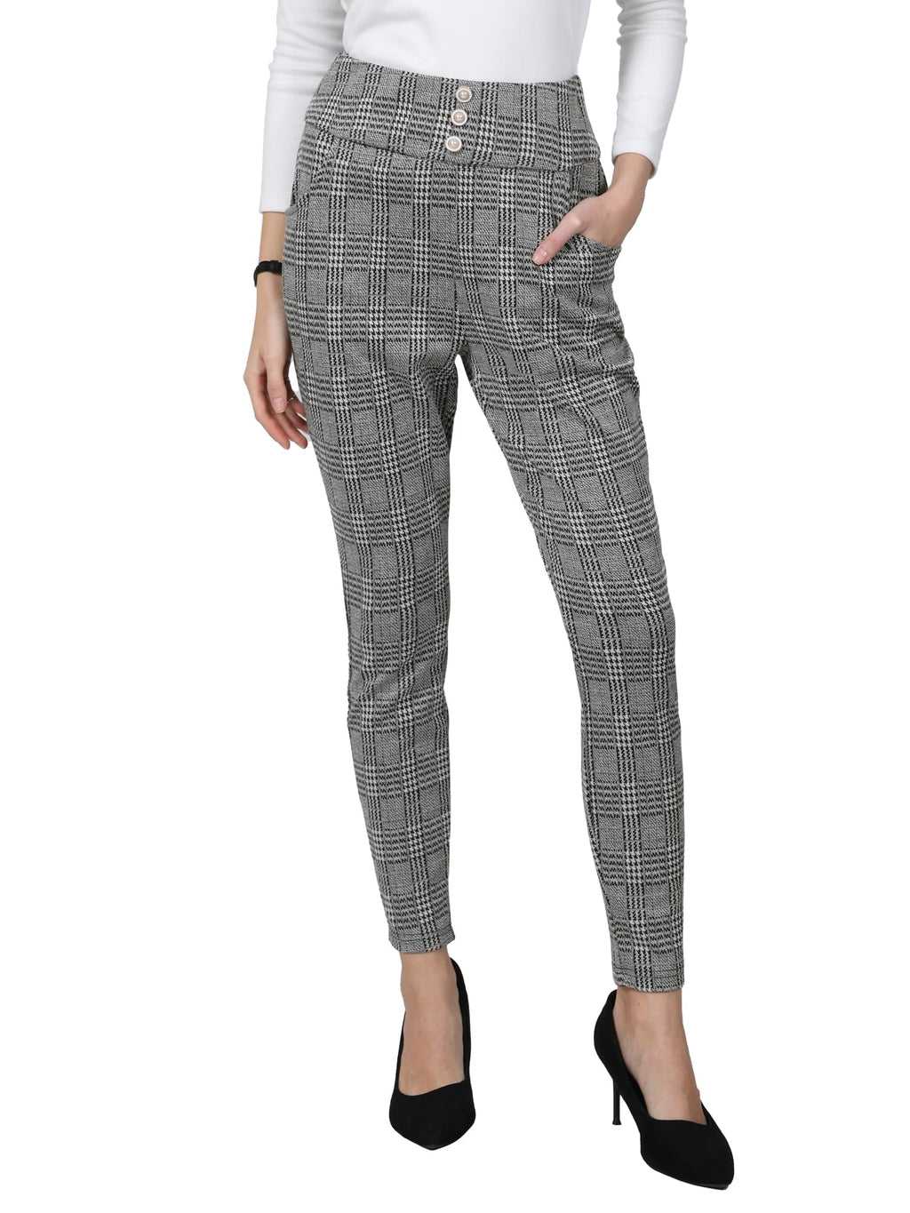 Hobemty Women Plaid Houndstooth High Waist Casual Work Skinny Pants