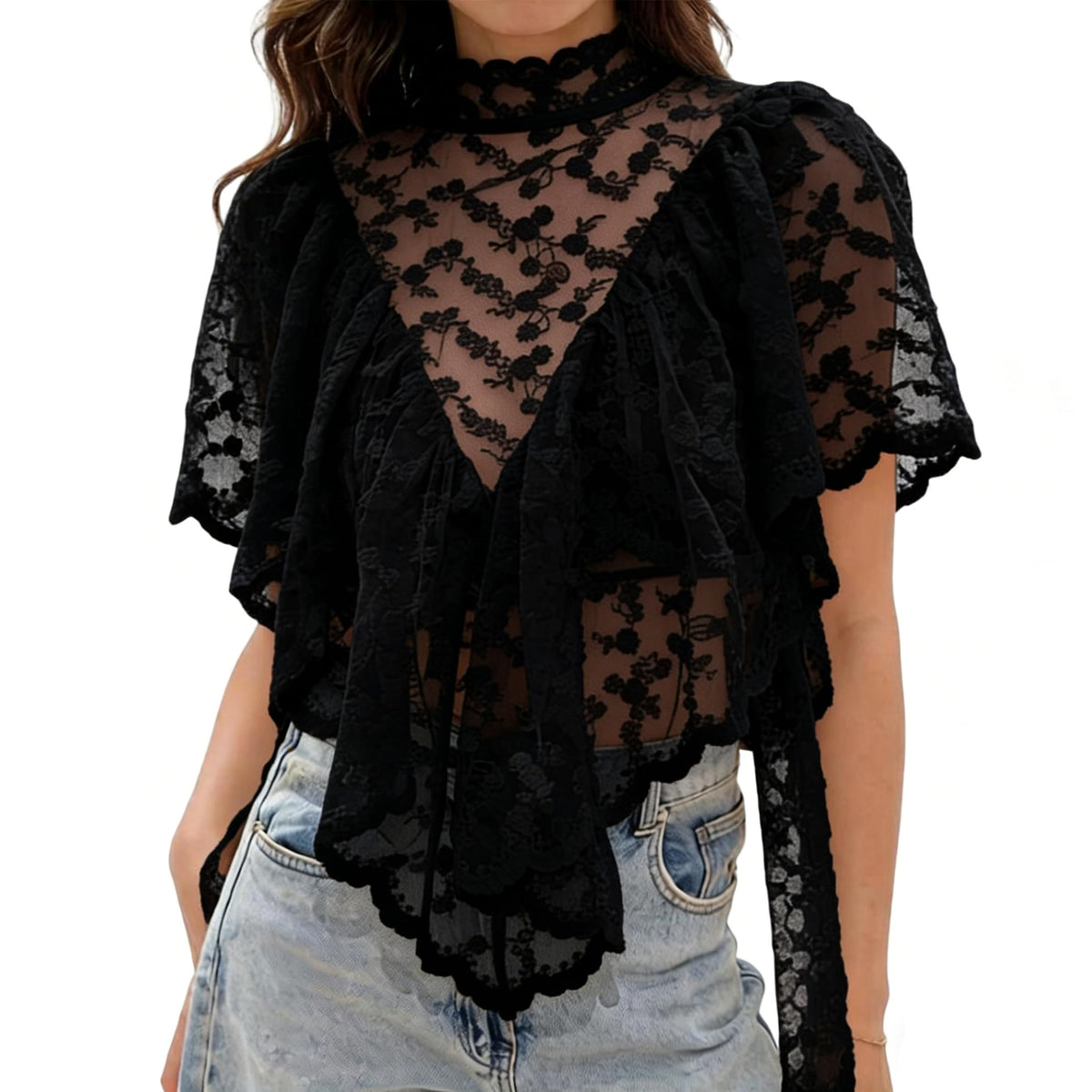 Womens Boho Flowy Lace Shirt Sheer Ruffle Flare Sleeve Casual Loose See Through Cover Up Top Blouse Summer Beachwear