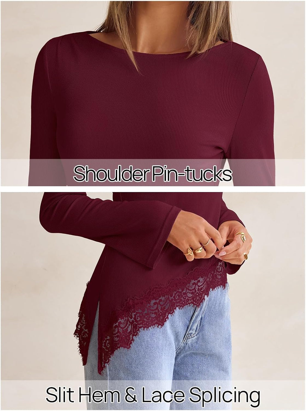 MEROKEETY Women's Fall Asymmetrical Lace Boat Neck Long Sleeve Ribbed Tops