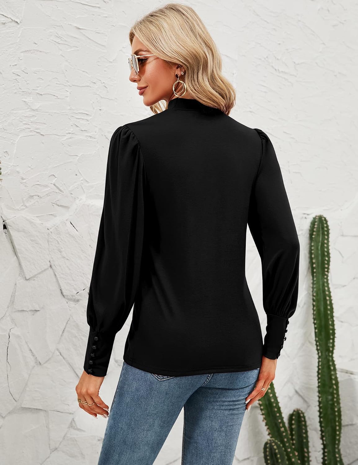 Mock Neck Tops for Womens Turtleneck Puff Long Sleeve Shirts Blouses