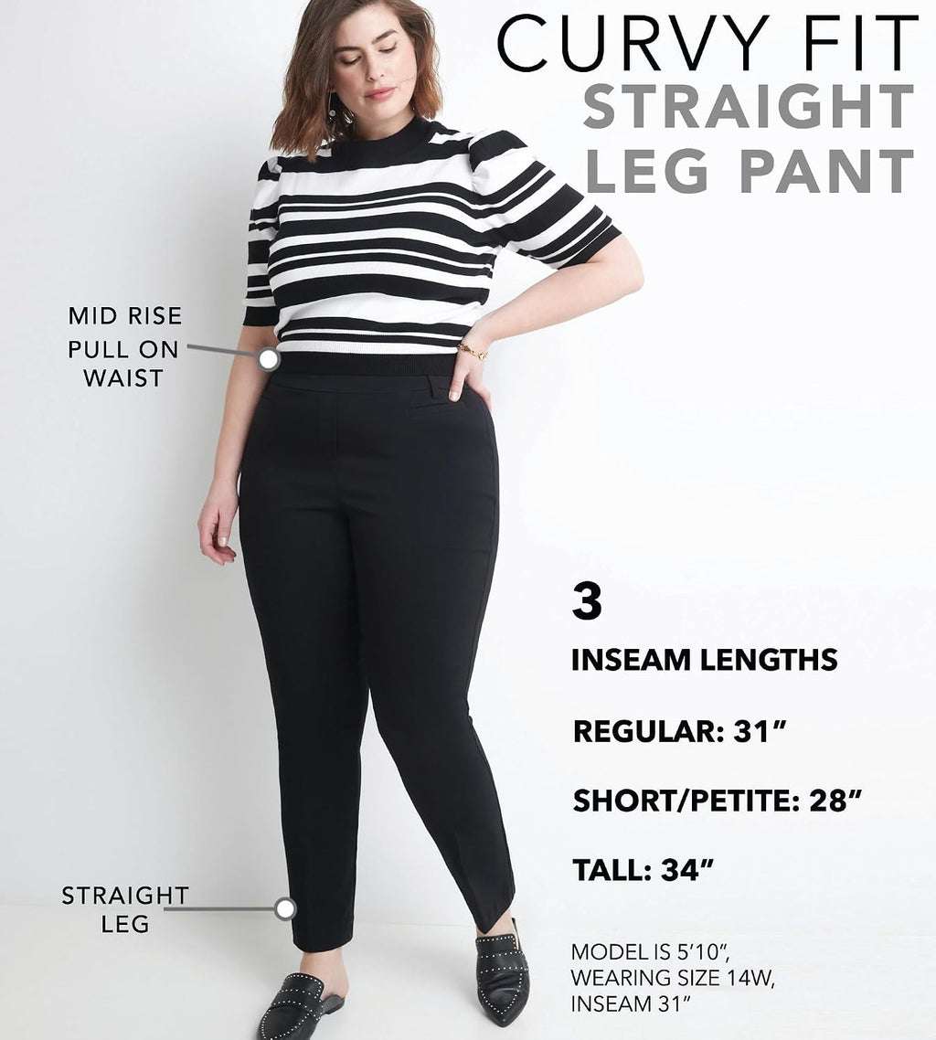 Rekucci Curvy Woman Ease into Comfort Plus Size Straight Pant w/Tummy Control