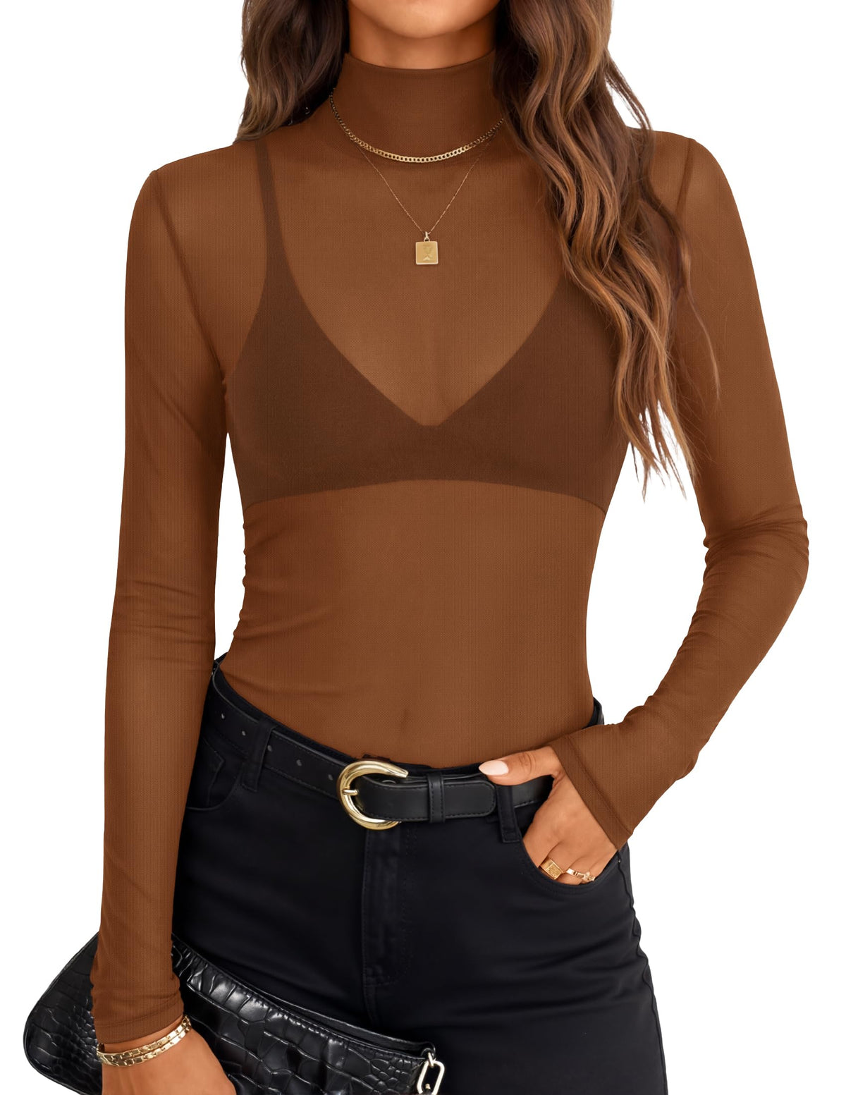 ZESICA Women's Mesh Sheer Turtleneck Long Sleeve Going Out Tops