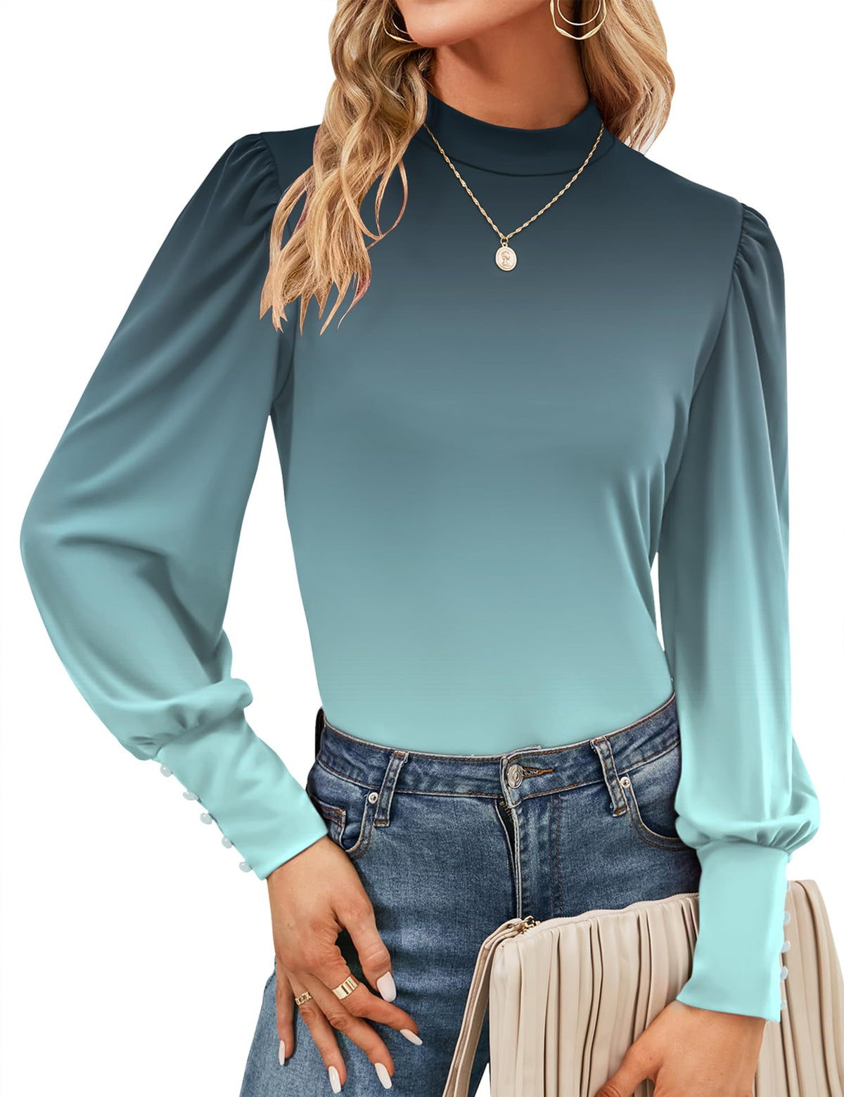 Mock Neck Tops for Womens Turtleneck Puff Long Sleeve Shirts Blouses