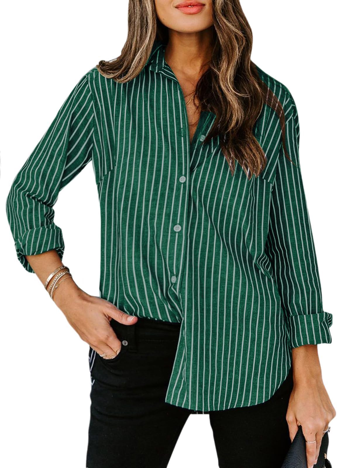 siliteelon Striped Button Down Shirts Women Cotton Long Sleeve Work Blouses