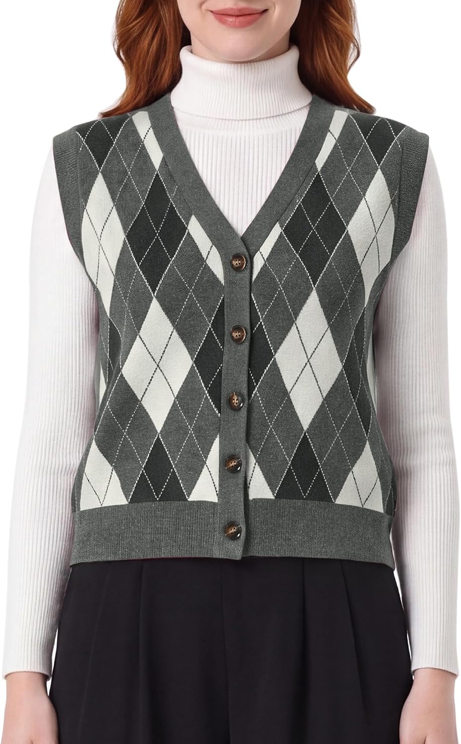 Allegra K Sweater Vest for Women's School Uniform Argyle Button Down Vest
