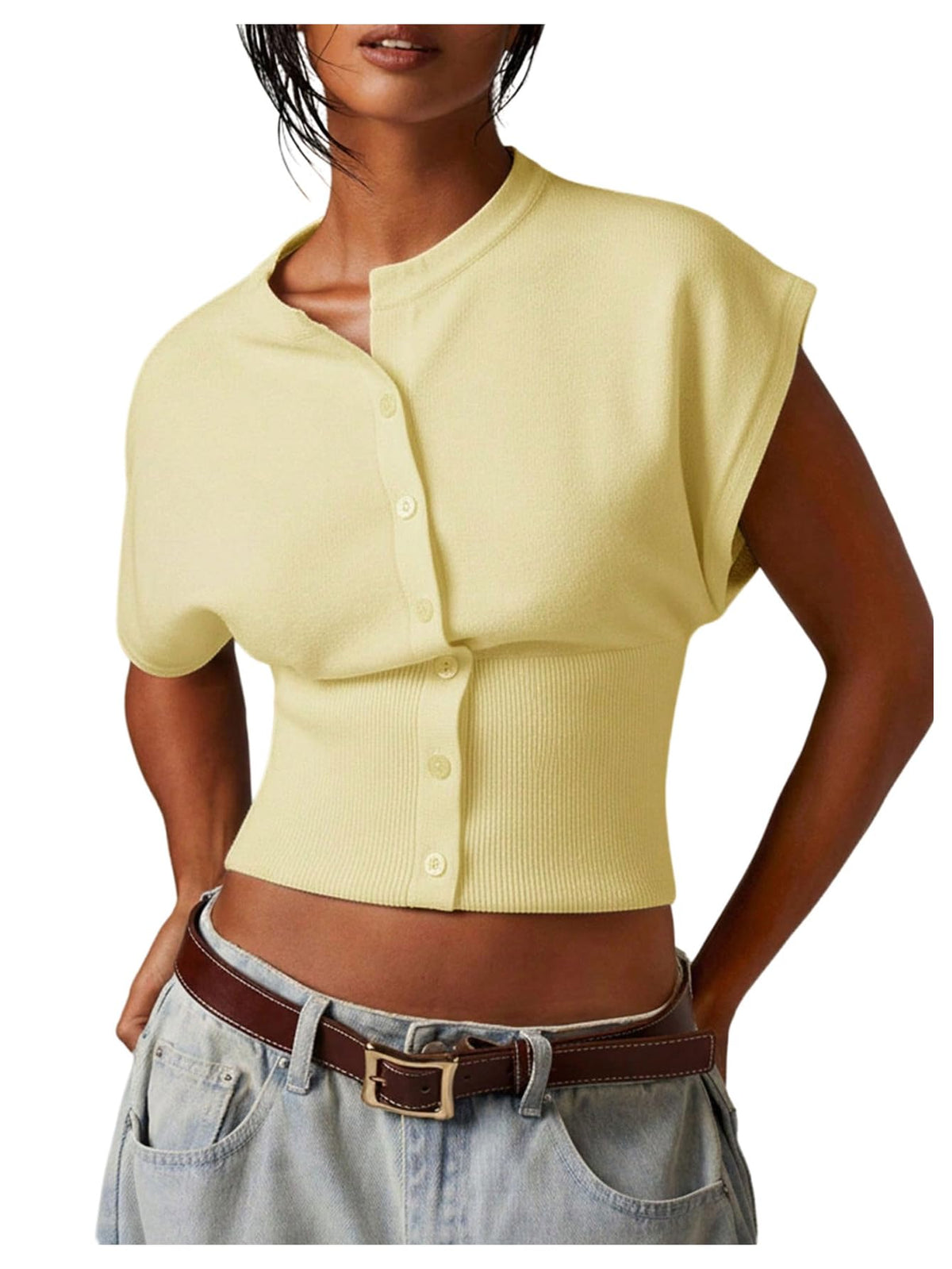 SHENHE Women's Cap Sleeve Button Up Sweater Sleeveless Knit Vest Crop Top
