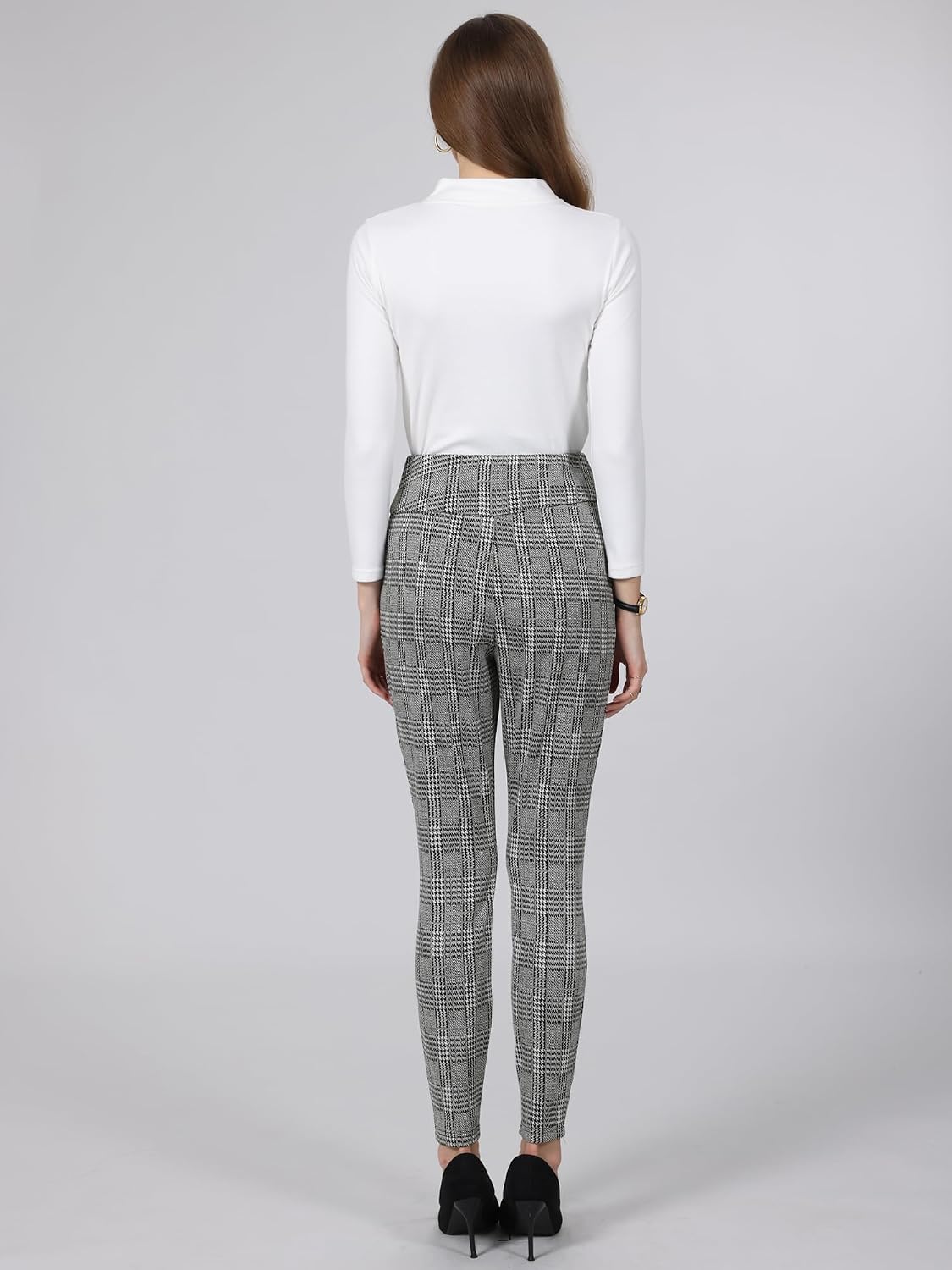 Hobemty Women Plaid Houndstooth High Waist Casual Work Skinny Pants