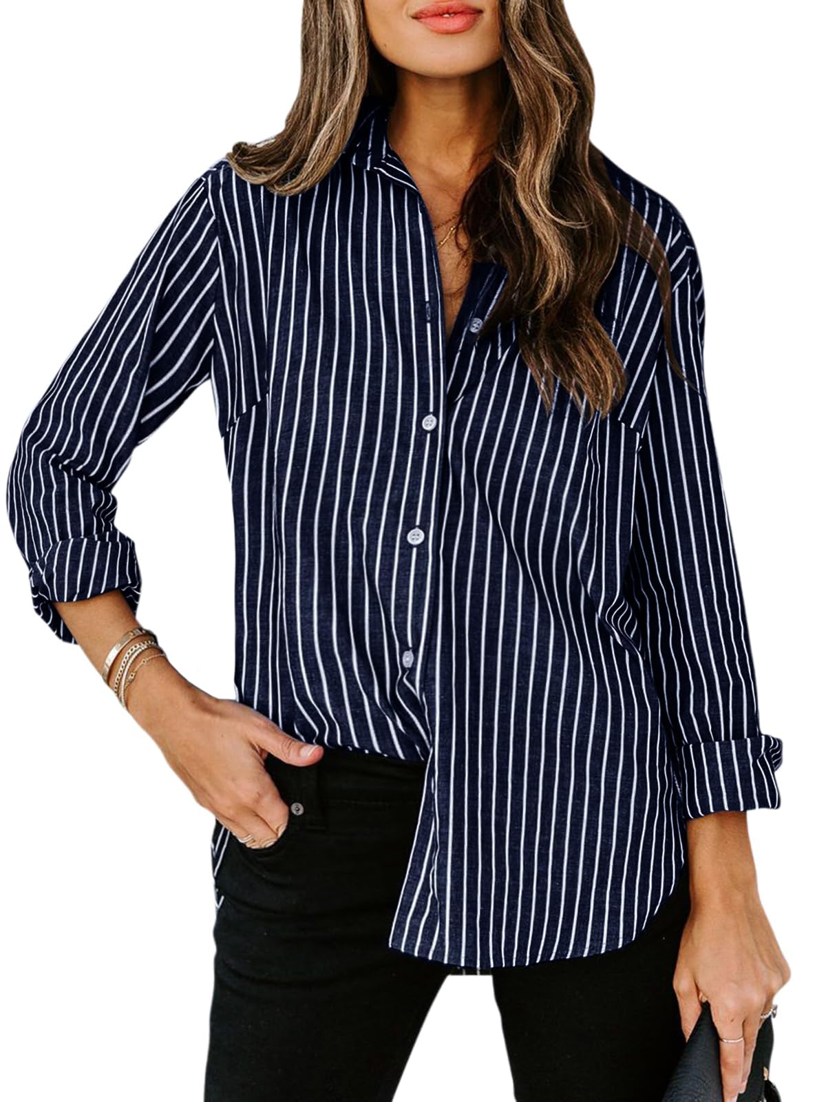 siliteelon Striped Button Down Shirts Women Cotton Long Sleeve Work Blouses