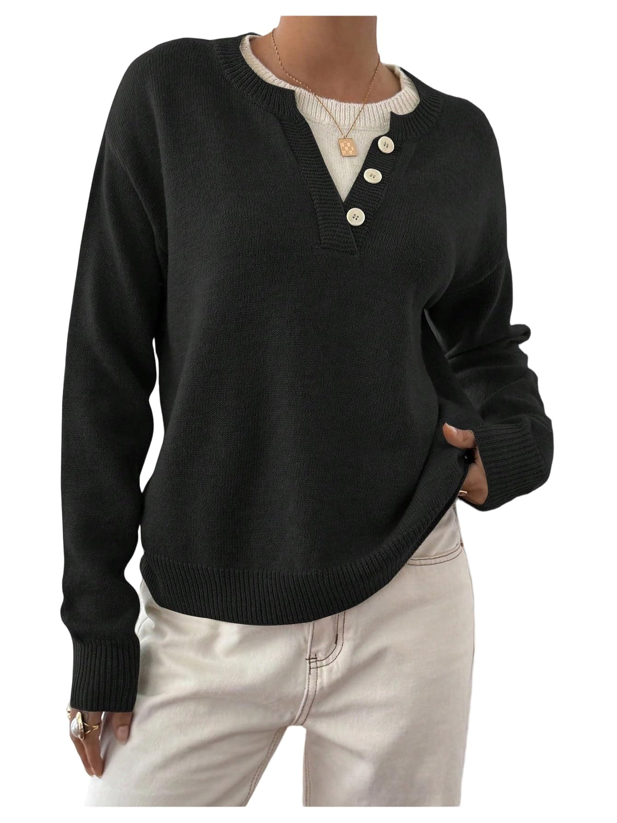 SOLY HUX Pullover Henley Sweaters for Women Long Sleeve Business Casual Top