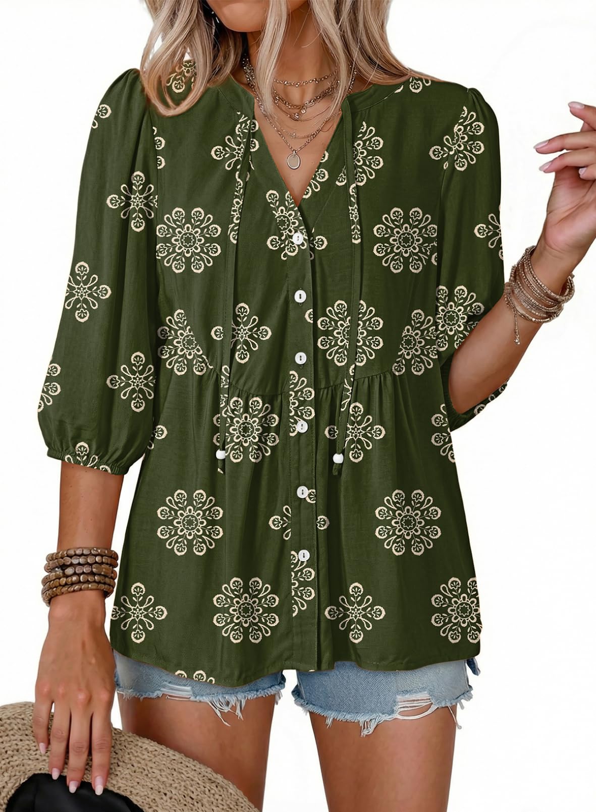 Dokotoo Womens Tops Boho Button Down V Neck Peplum Babydoll Blouses Shirts