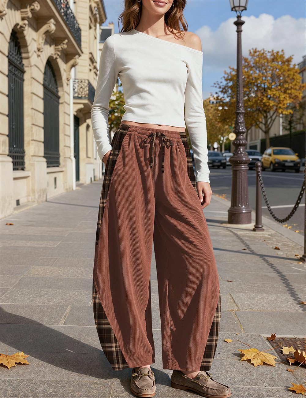 TARSE Womens Corduroy Barrel Pants with Pockets Y2K Plaid Patchwork Panels