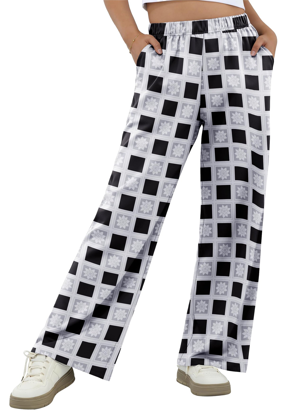 IWOLLENCE Women's Casual Loose Checkered Wide Leg Pants High Waist Straight Lounge Y2K Gingham Trousers