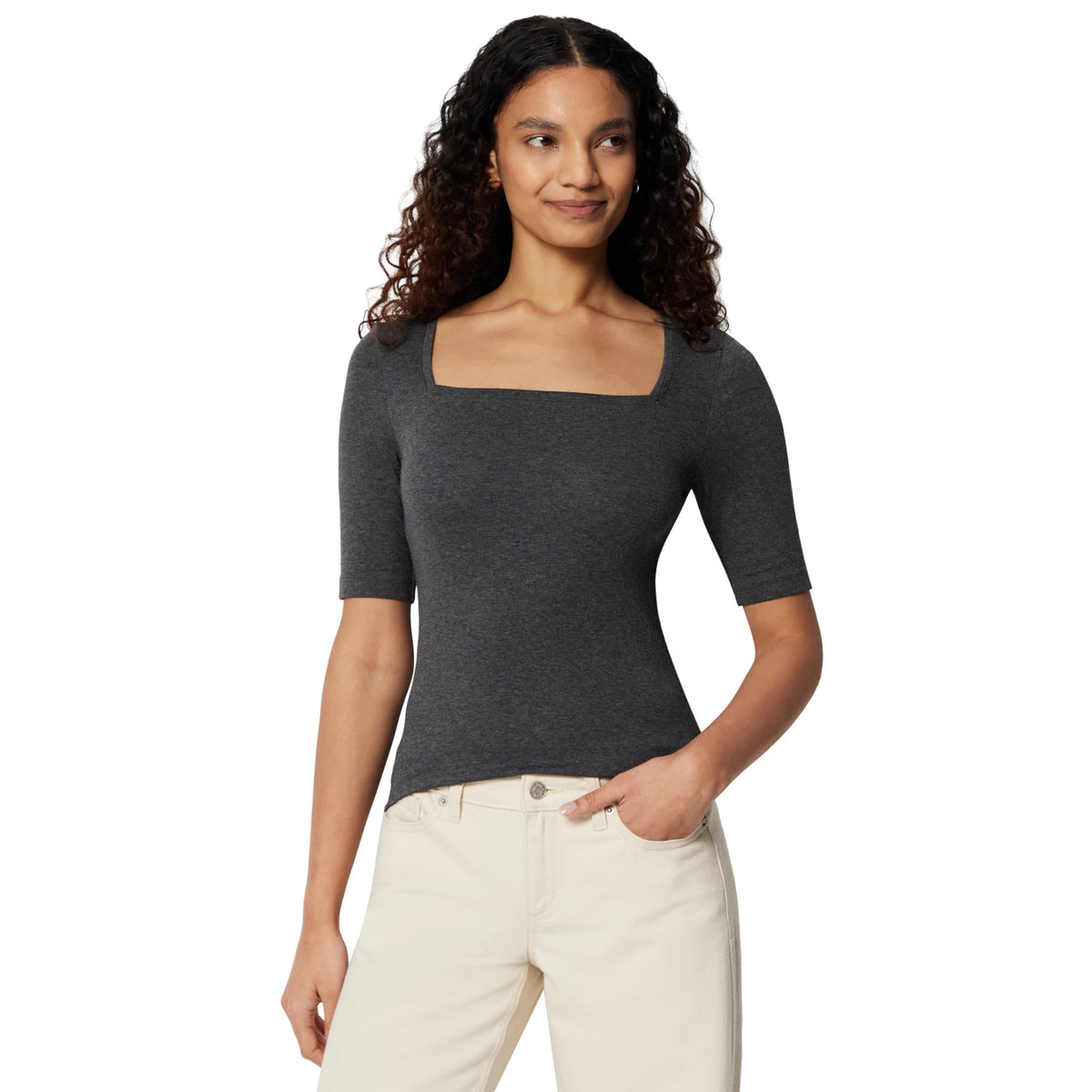 Amazon Essentials Women's Slim Fit Half Sleeve Square Neck Cotton Modal T-Shirt