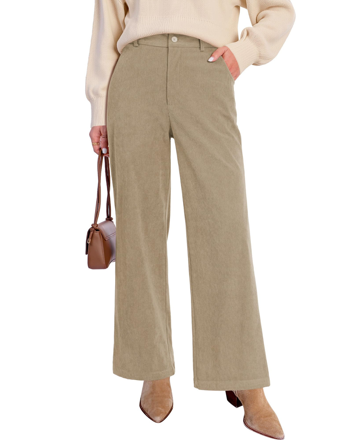 GRAPENT Corduroy Wide Leg Pants Woman High Waisted Fall Business Casual Elastic Waist Loose Trendy Trousers with Pockets