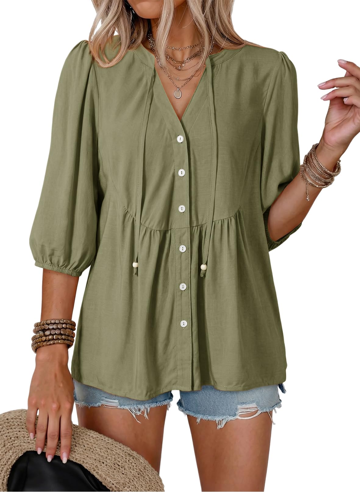 Dokotoo Womens Tops Boho Button Down V Neck Peplum Babydoll Blouses Shirts