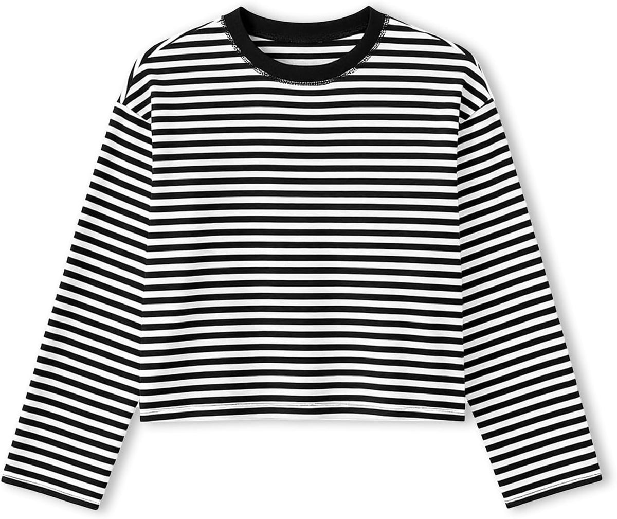 Striped Bloom Long Sleeve Shirt for Women Boxy Tee Top Streetwear