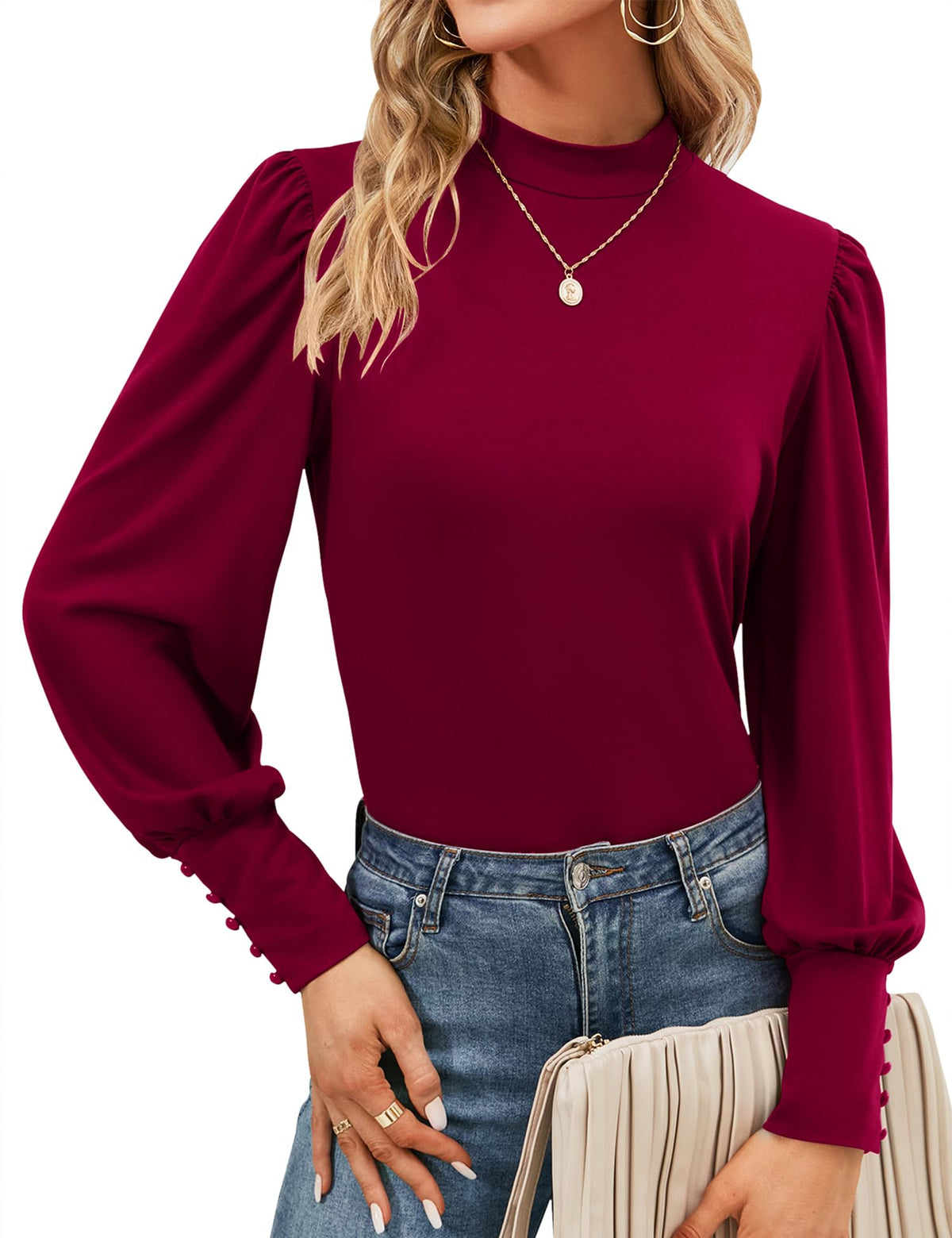 Mock Neck Tops for Womens Turtleneck Puff Long Sleeve Shirts Blouses