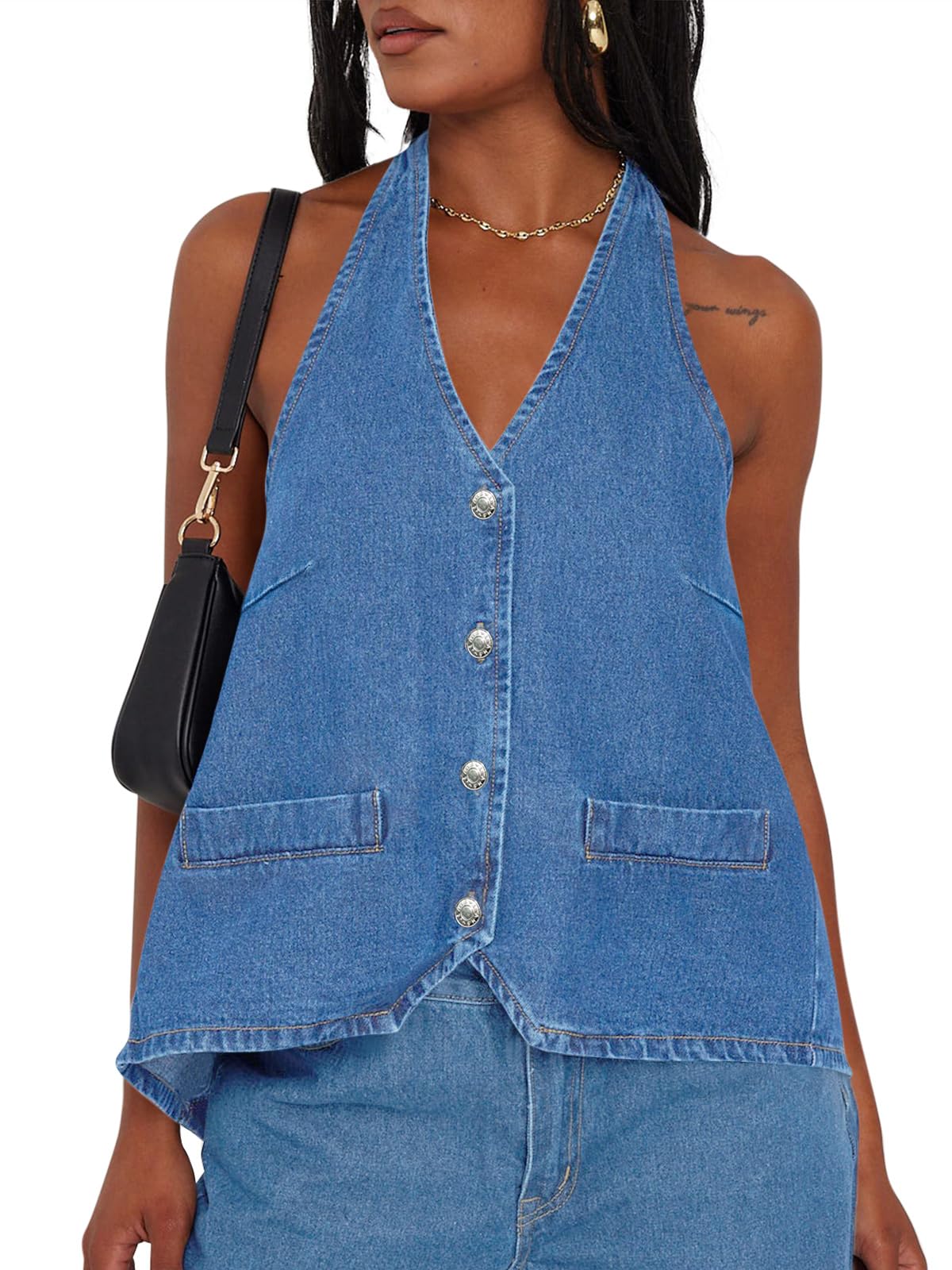Tankaneo Womens Halter Denim Vest Top Summer Sleeveless Open Back Waistcoat