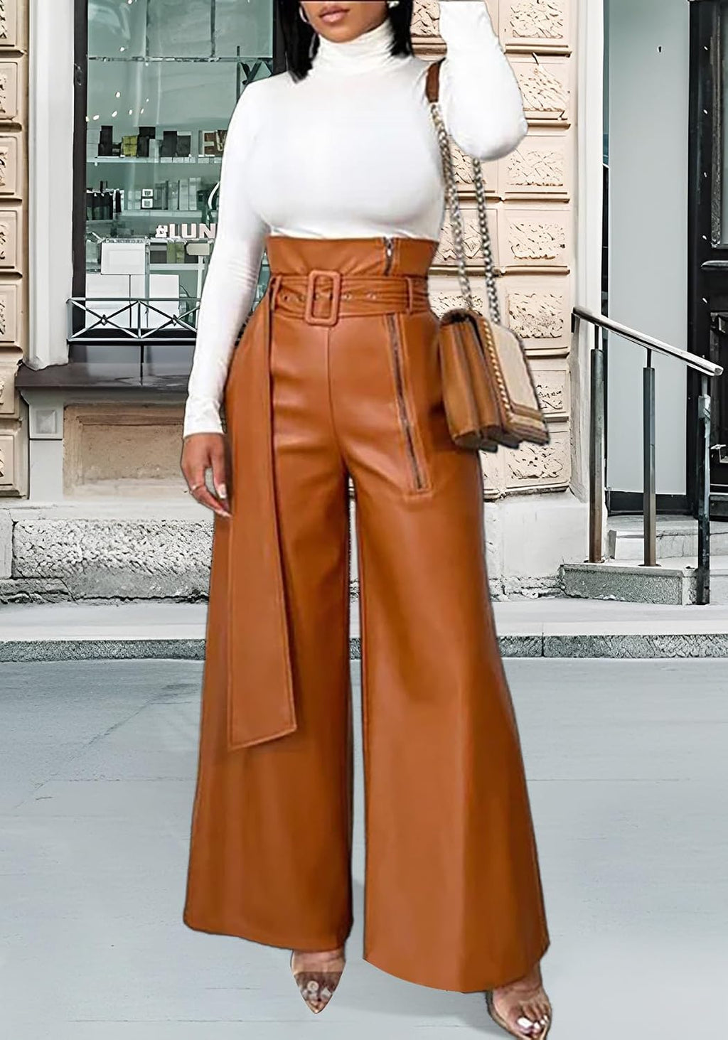 Tcremisa Leather Pants Women High Waisted Faux Leather Wide Leg Pant
