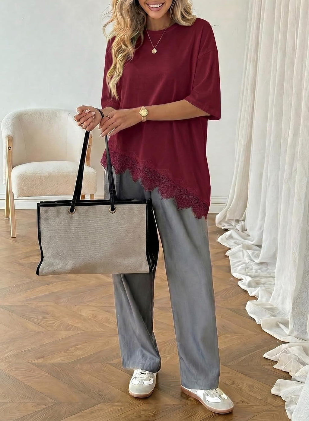 LOLONG Women Casual Crew Neck Half Sleeve Shirts Asymmetrical Lace Hem Tops