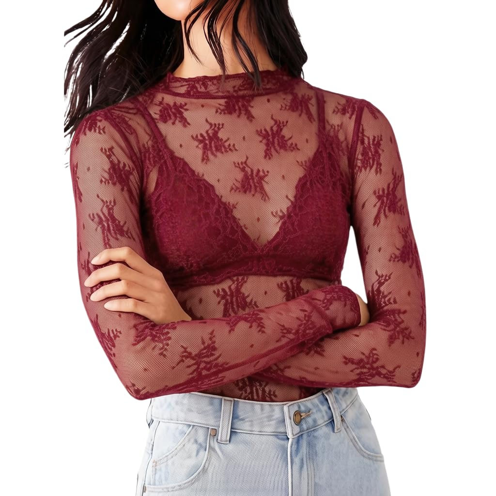KMBANGI Women's Mesh Lace Long Sleeve Top Mock Neck Sheer Layering Tops