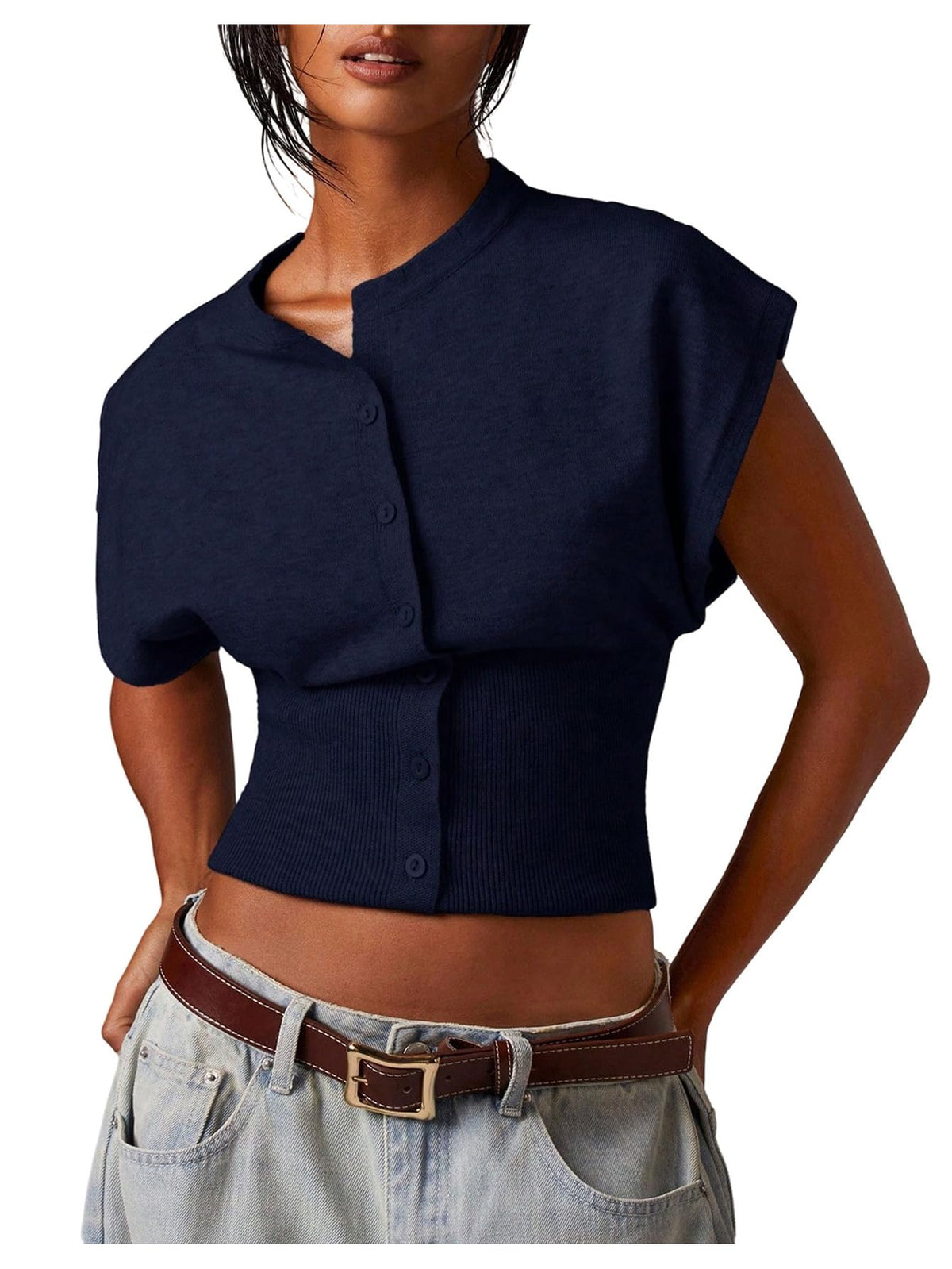 SHENHE Women's Cap Sleeve Button Up Sweater Sleeveless Knit Vest Crop Top