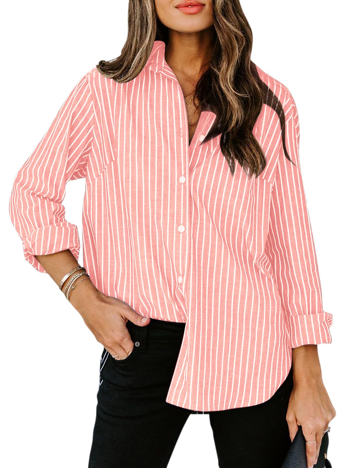 siliteelon Striped Button Down Shirts Women Cotton Long Sleeve Work Blouses
