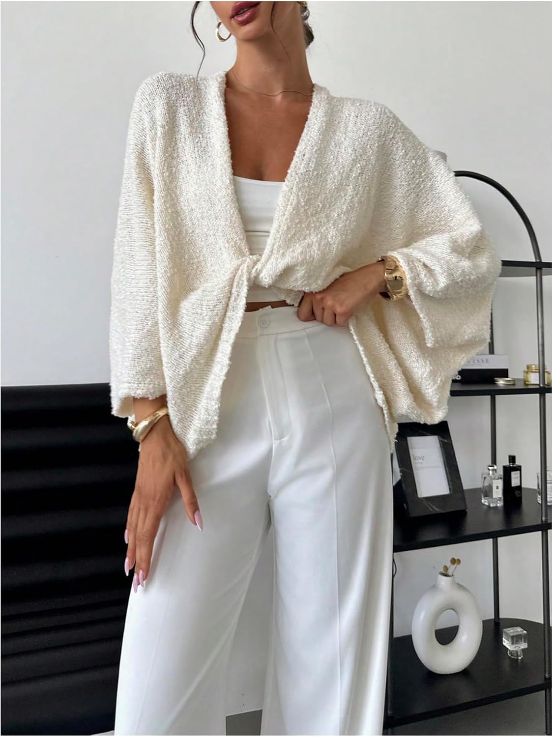 GORGLITTER Women's Oversized Fall Wrap Sweater Cropped Bat Wing Knit Tops