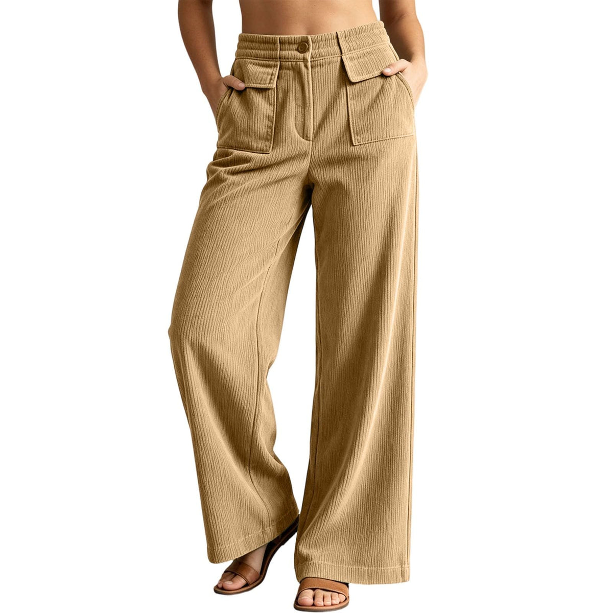 Wide Leg Corduroy Pants for Women Fall Lounge Button Pants Business Office Work Trousers with Double Pockets