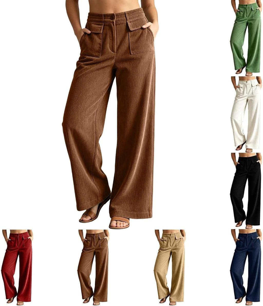 Wide Leg Corduroy Pants for Women Fall Lounge Button Pants Business Office Work Trousers with Double Pockets