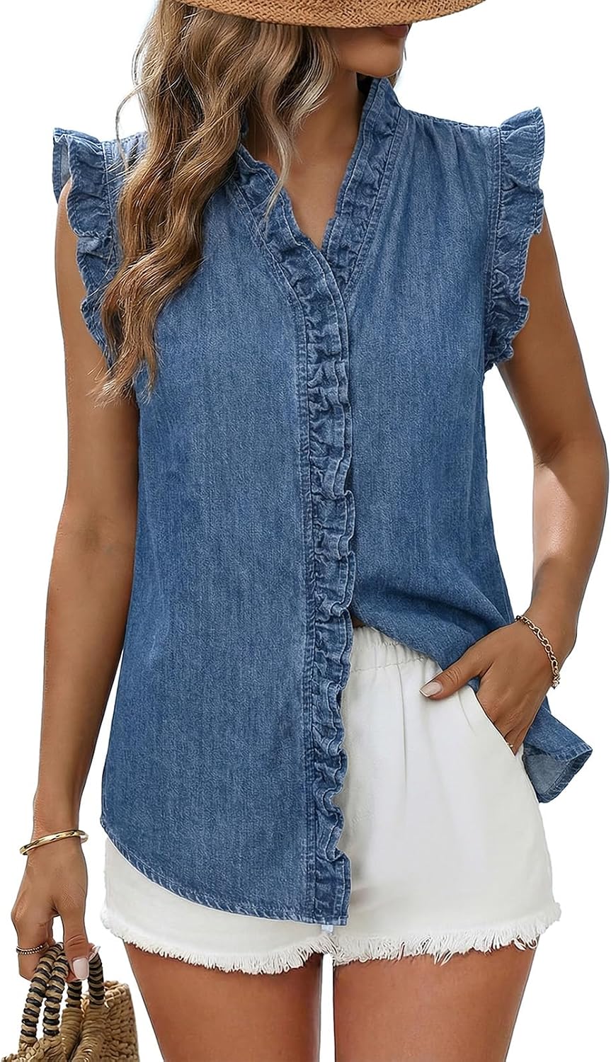 Dokotoo Denim Vest Women Sleeveless Tops Button Up Peplum V Neck Jean Vest
