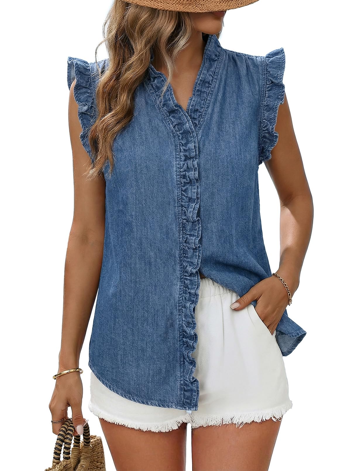 Dokotoo Denim Vest Women Sleeveless Tops Button Up Peplum V Neck Jean Vest