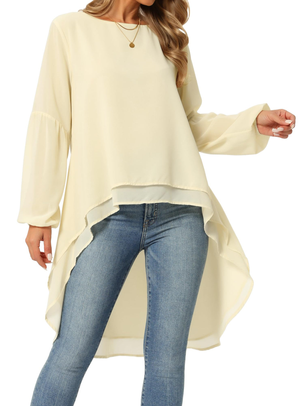 Seta T Women's High Low Tops Lantern Sleeve Dressy Casual Chiffon Blouse