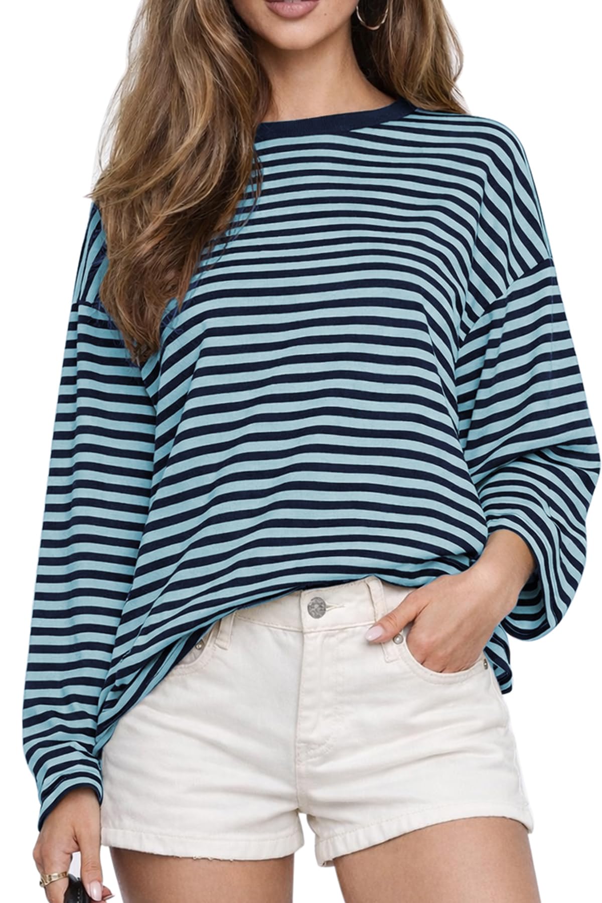 CHYRII Womens Oversized Striped Long Sleeve T Shirt Casual Fall Tops