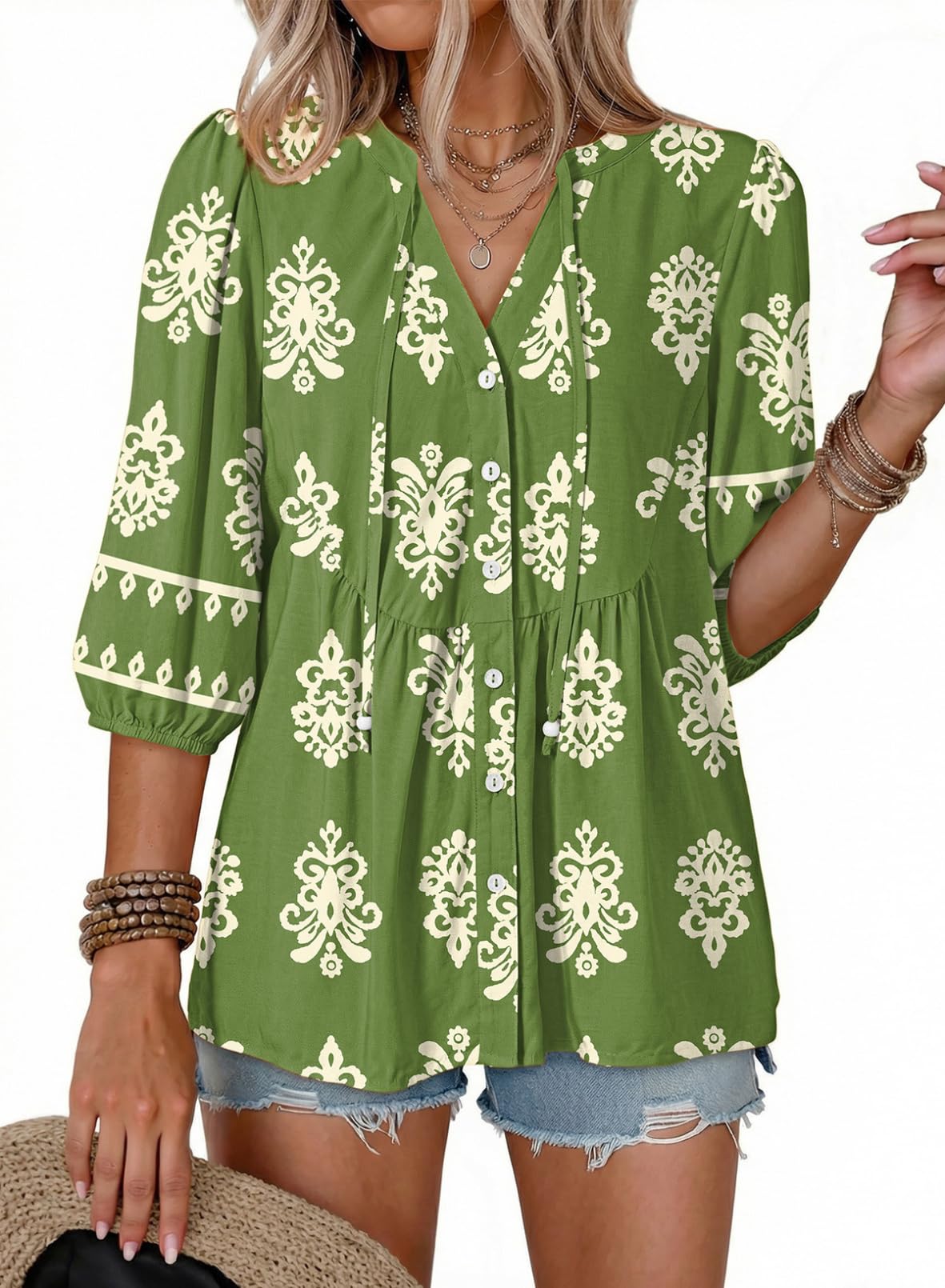 Dokotoo Womens Tops Boho Button Down V Neck Peplum Babydoll Blouses Shirts