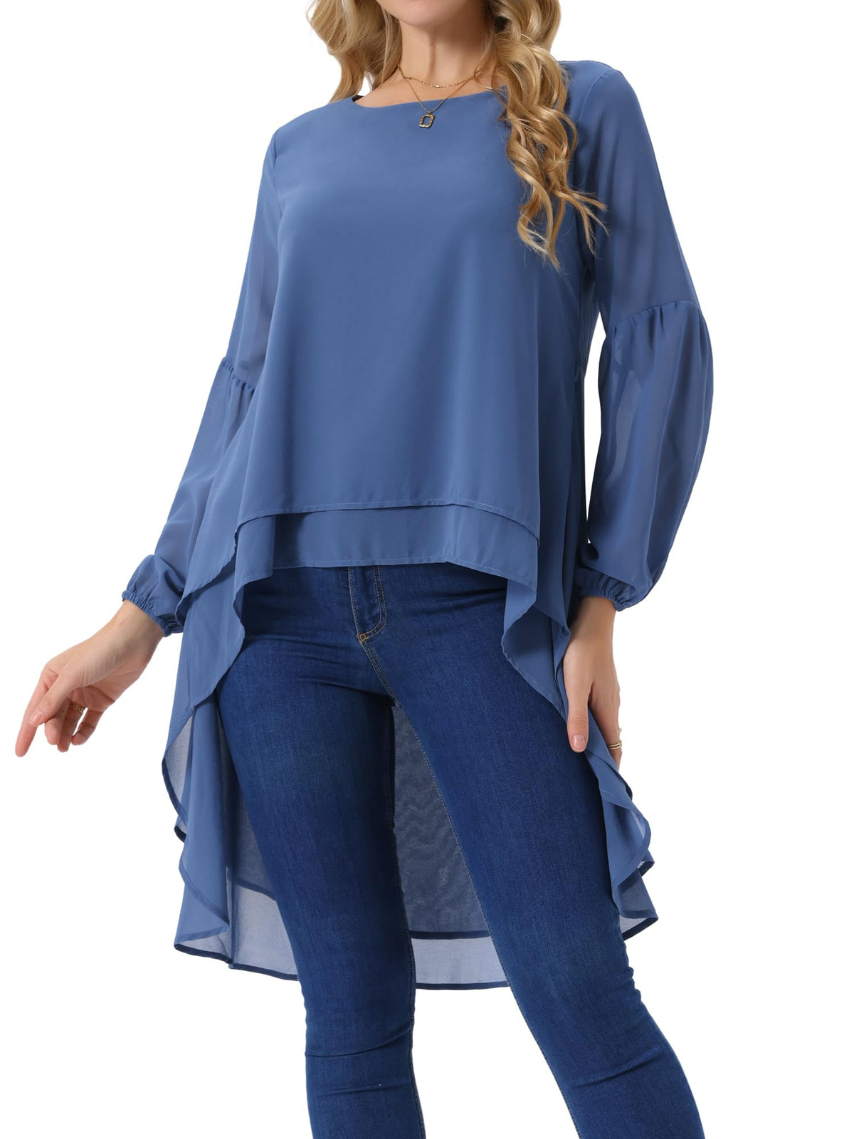 Seta T Women's High Low Tops Lantern Sleeve Dressy Casual Chiffon Blouse