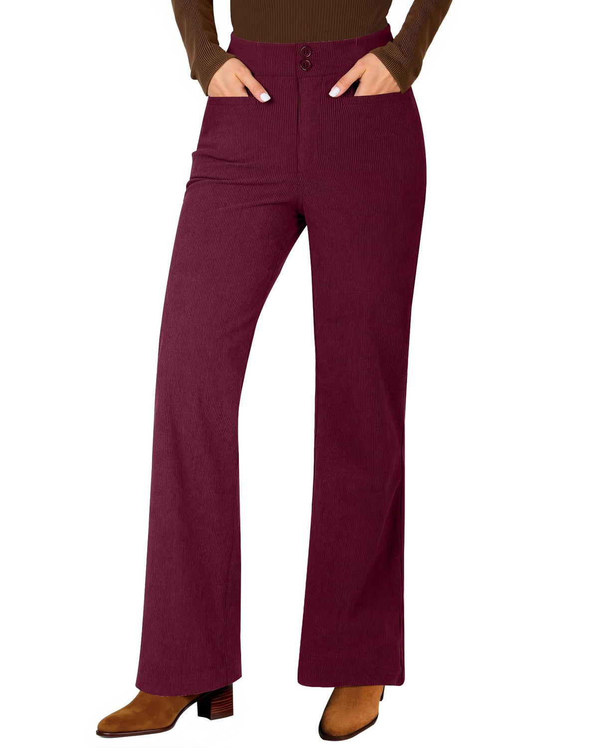 GRAPENT Corduroy Wide Leg Pants Woman High Waisted Trendy Fall Work Casual Elastic Waist Duo Button Welt Pocket Trousers