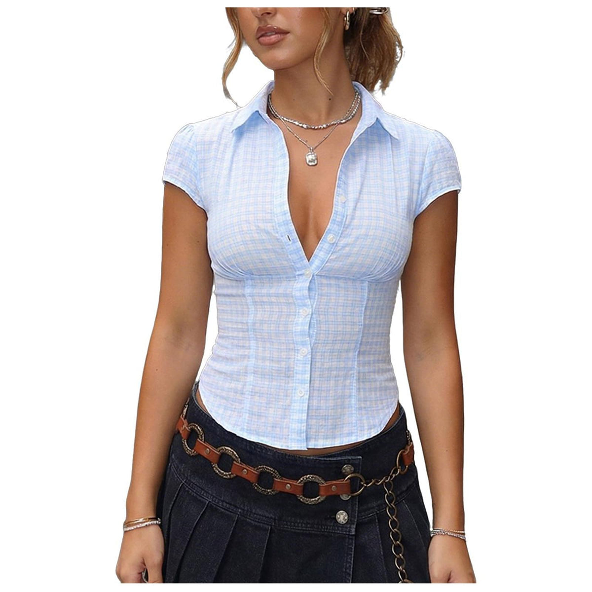 Women Short Sleeve Plaid Button Up Shirt Y2K Button Down Collared Blouse Summer Vintage Slim Fit Gingham Top