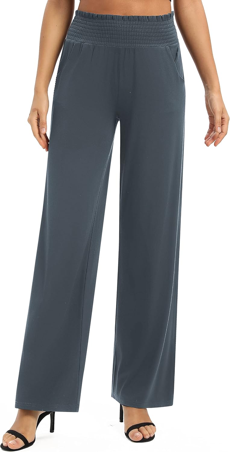 EXCHIC Women's Loose Straight Leg Palazzo Pants High Elastic Waist Causal Trousers with Pockets